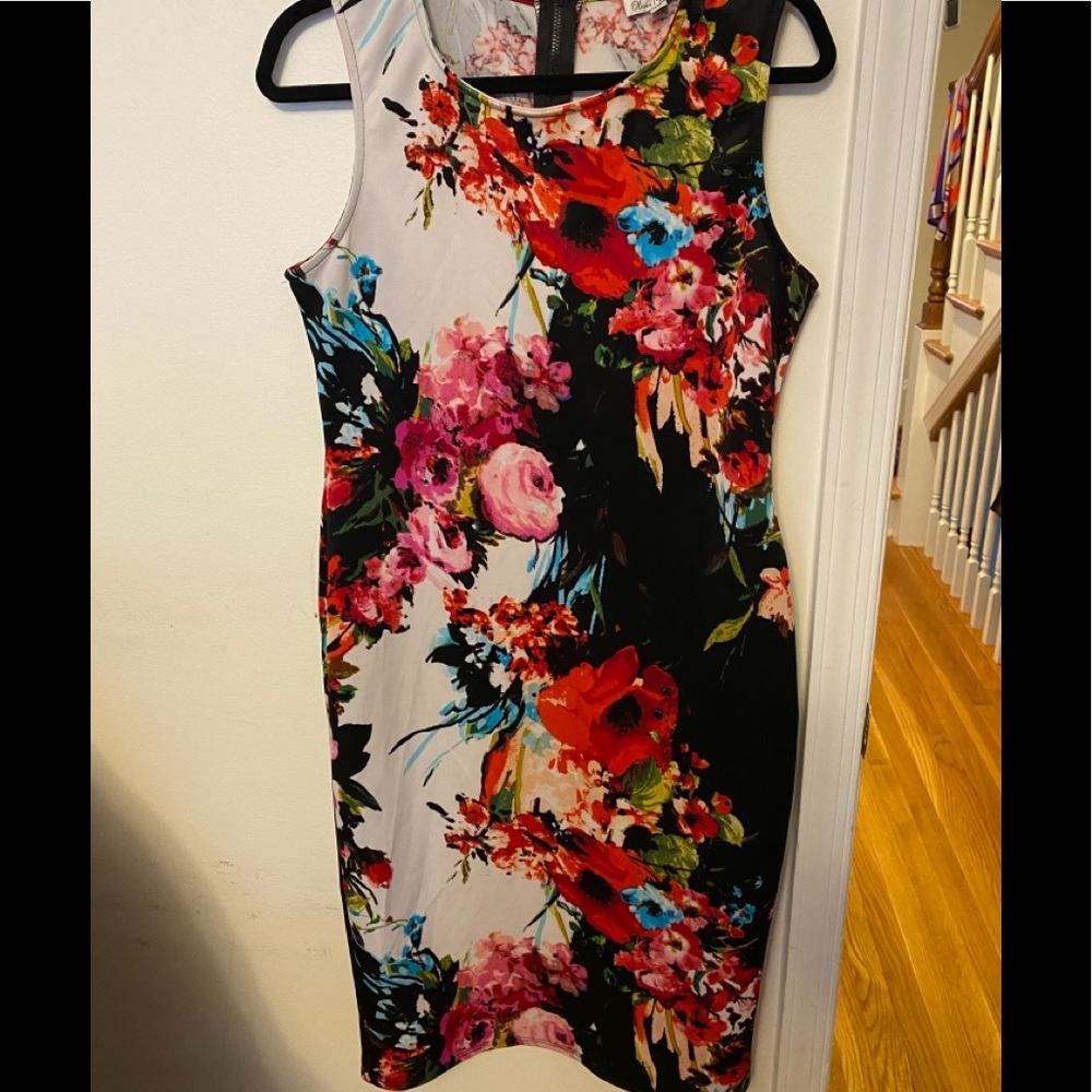 Black floral fitted dress by Olivia Matthews. Sz14
